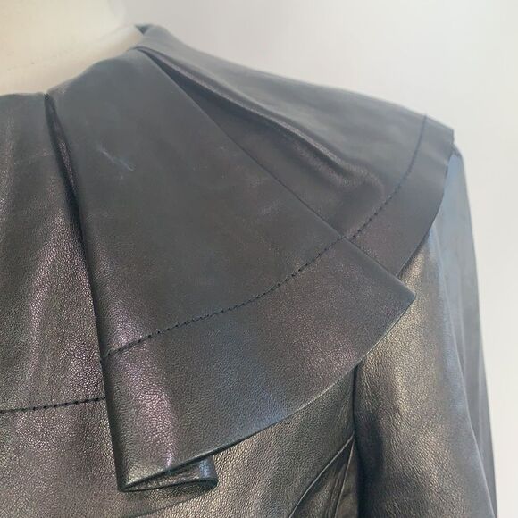 Diane Von Furstenberg black leather with pleated collar jacket - Picture 3 of 12